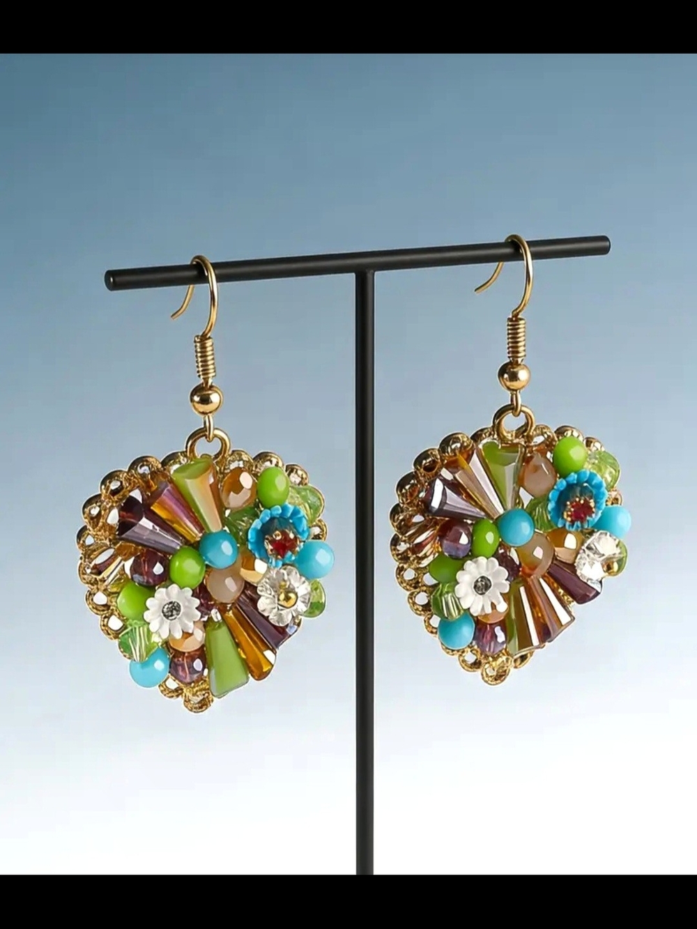 Gold-Tone Multicolor Floral Drop Earrings - Bright Mixed Beads